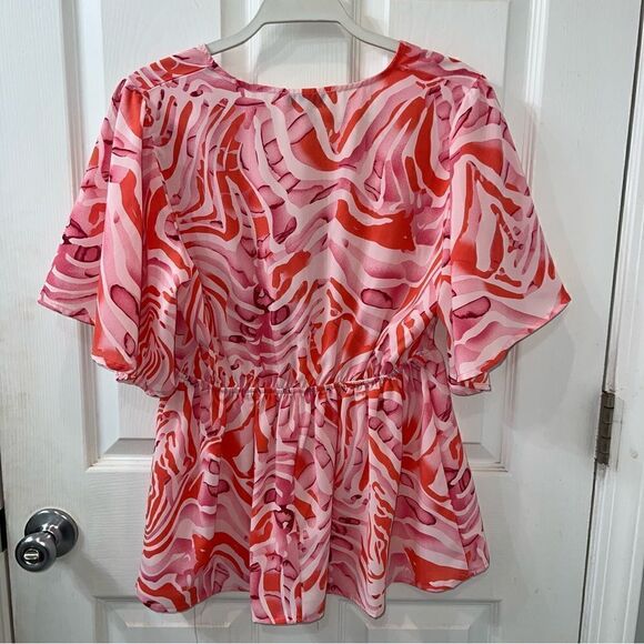 SHE+SKY Pink, Mauve and coral Empire waist Plunge Print Top w flutter sleeves Lg - Picture 11 of 13